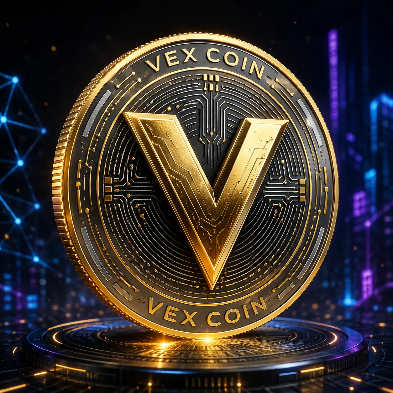 VEX Coin — golden 3D coin with circuit pattern